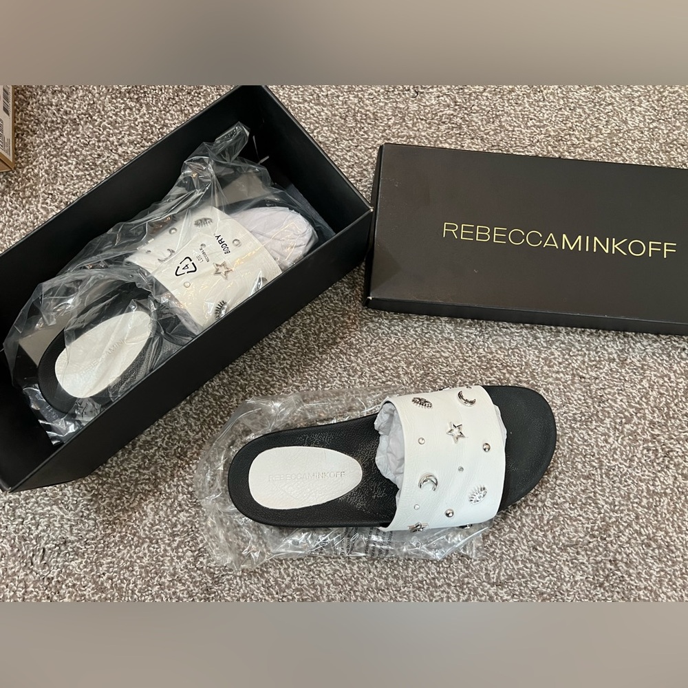 Rebecca Minkoff gently used White leather slides celestial theme size 9